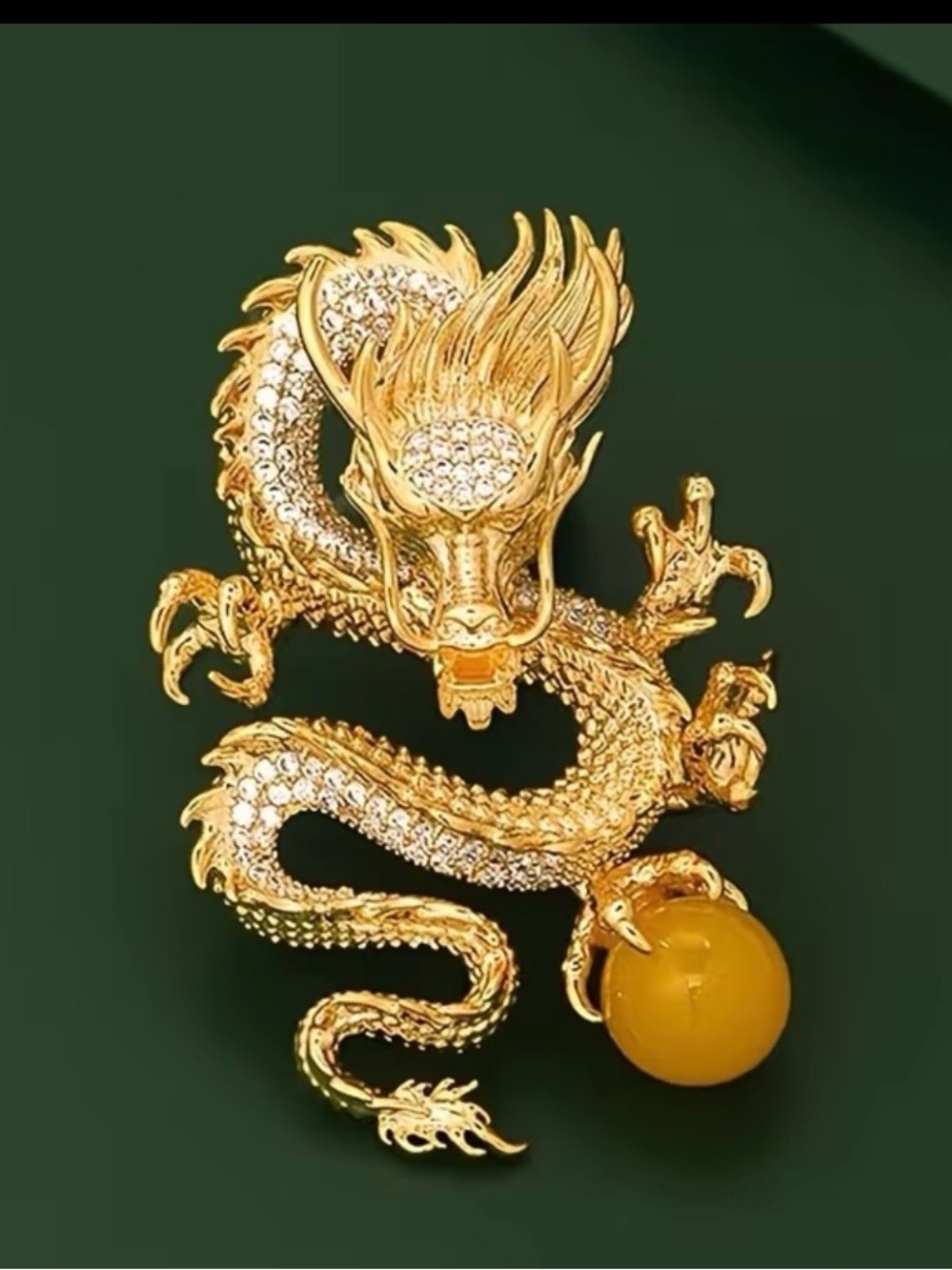 Golden Dragon Brooch with Yellow Orb - Elegant Women's Jewelry
